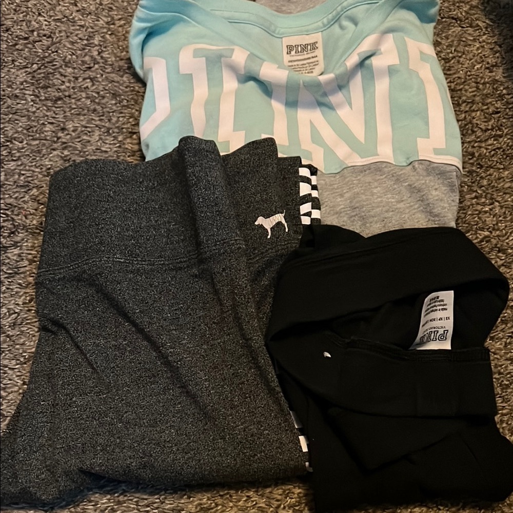 Pink Victoria's Secret Teal and Gray Top with Black Capris and Gray Leggings